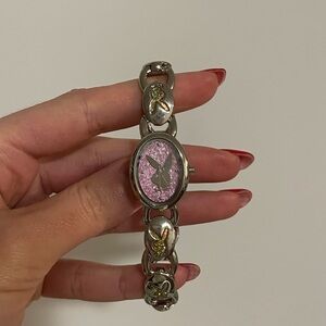 PLAYBOY Silver and Pink Butterfly Bracelet Watch